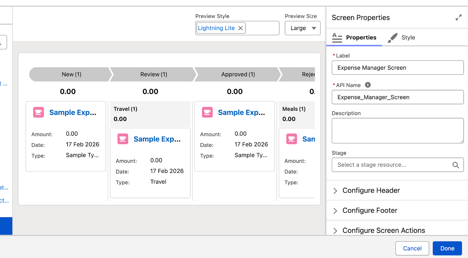 Kanban Board component preview in Flow Builder: expenses displayed by status columns