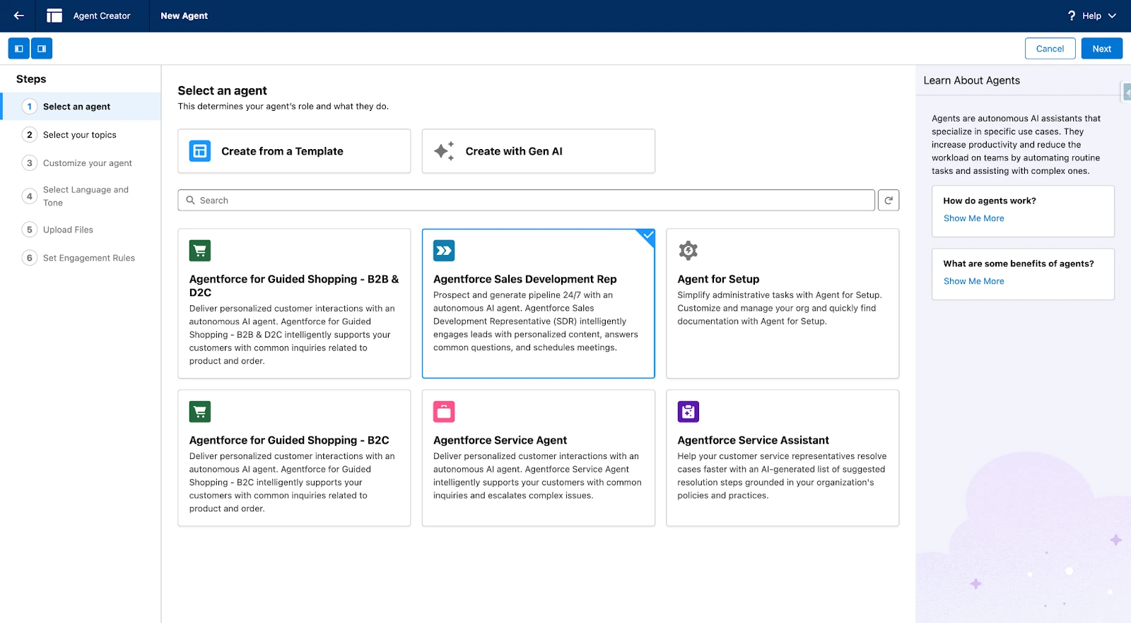 Agentforce Agent Creator template selection: pre-built agent templates including Sales Development Rep, Agent for Setup, and Service Agent