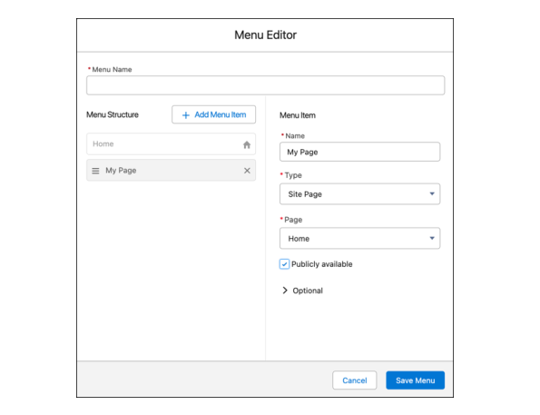 LWR site Menu Editor interface with menu structure on the left and item properties on the right