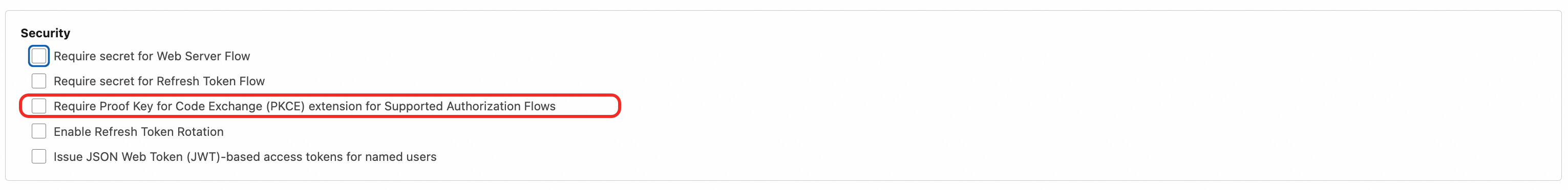 Security settings: red box highlights the Require PKCE Extension checkbox, which must remain unchecked for SFoA
