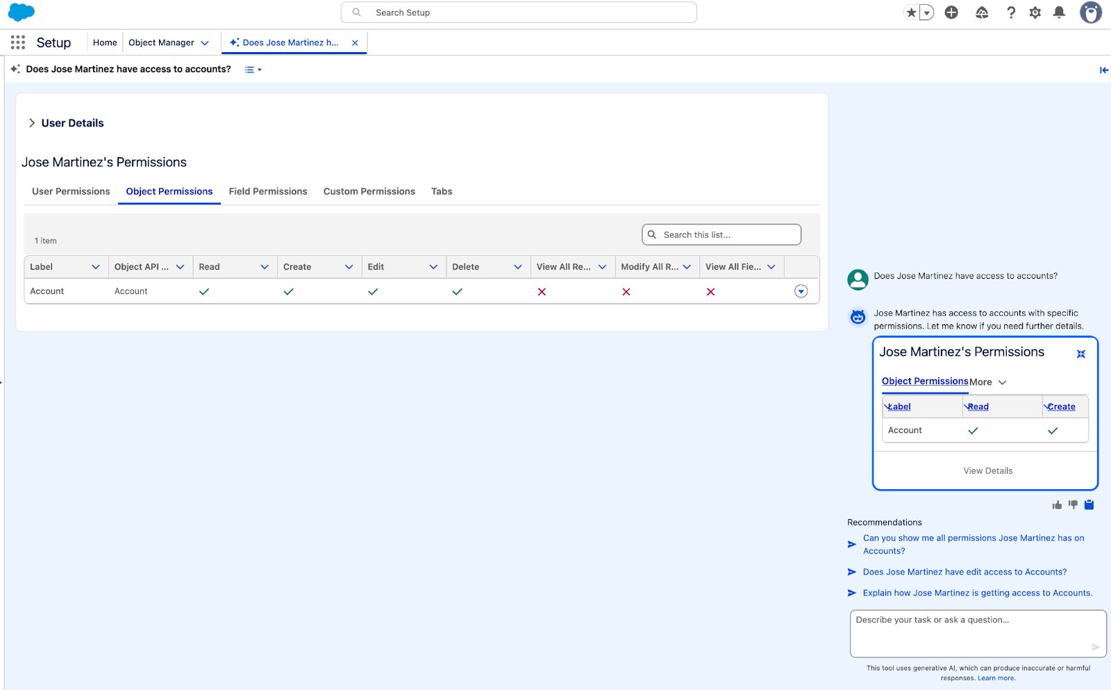 Setup with Agentforce permission query interface: Agent showing Jose Martinez's Object Permissions for the Account object