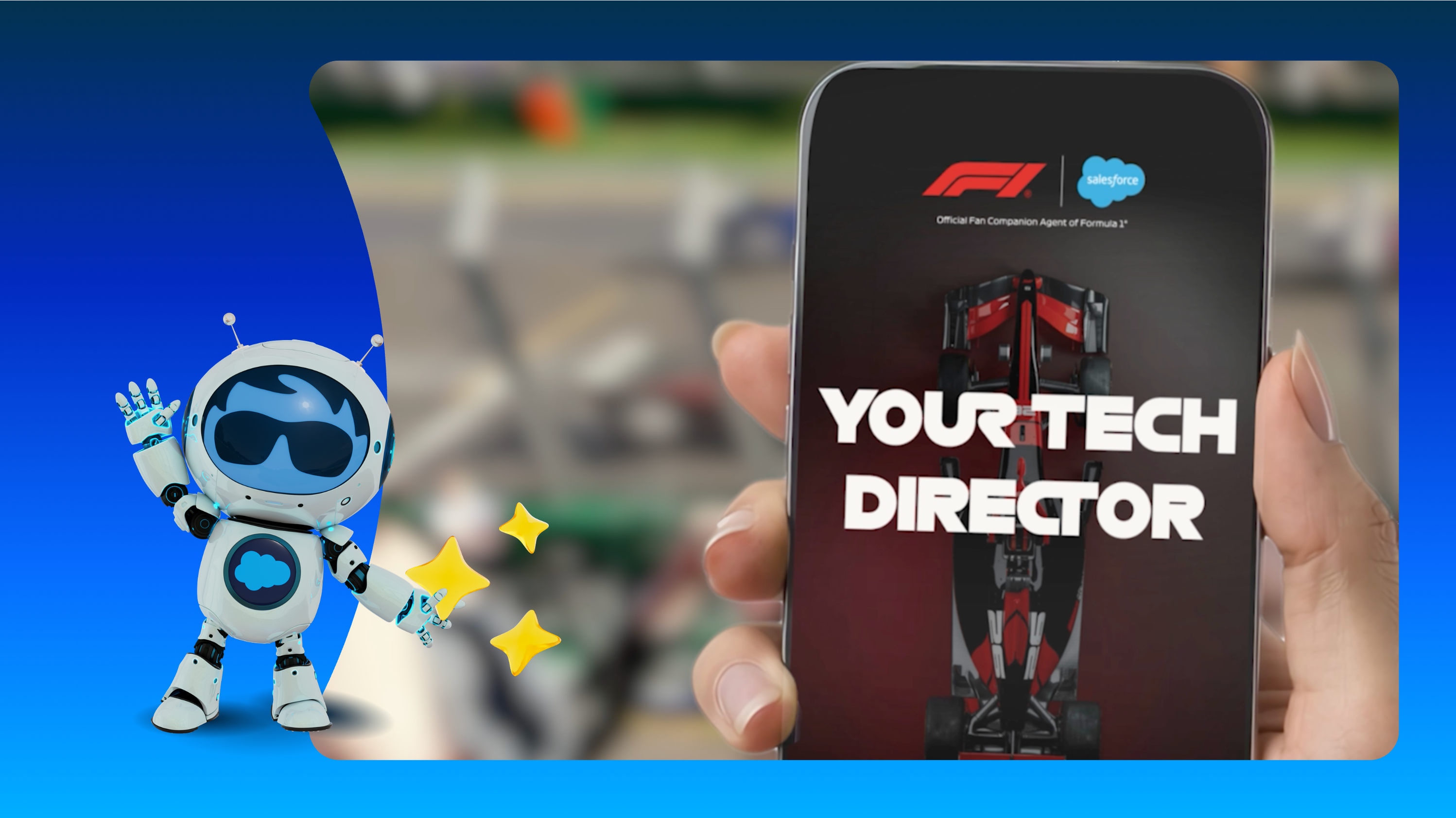 F1 × Salesforce official promo: hand holding a phone showing the Your Tech Director fan companion agent, with the Agentforce robot mascot