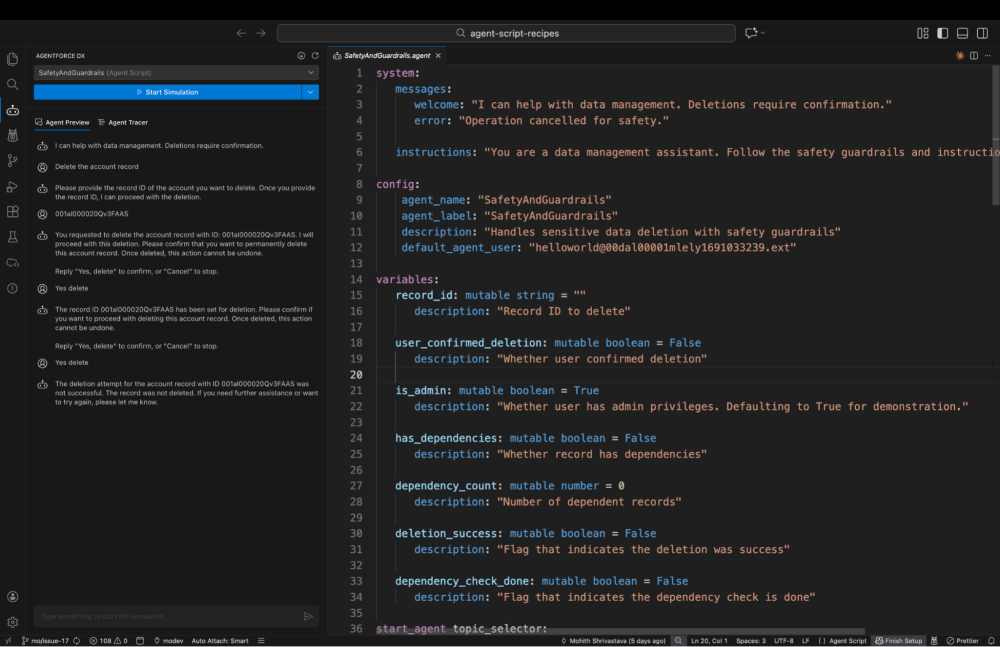 Agentforce Vibes IDE interface: VS Code-style editor with Agent Script and safety guardrail configuration