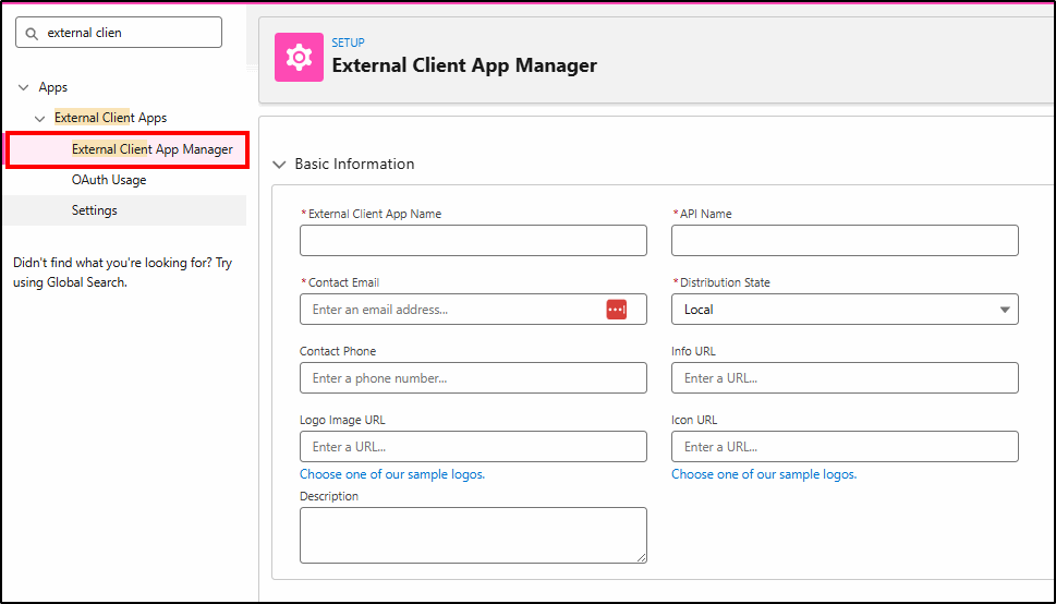 External Client App Manager creation page: filling in App basic information