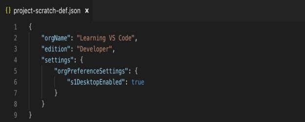 project-scratch-def.json open in VS Code editor showing orgName, edition, and settings configuration