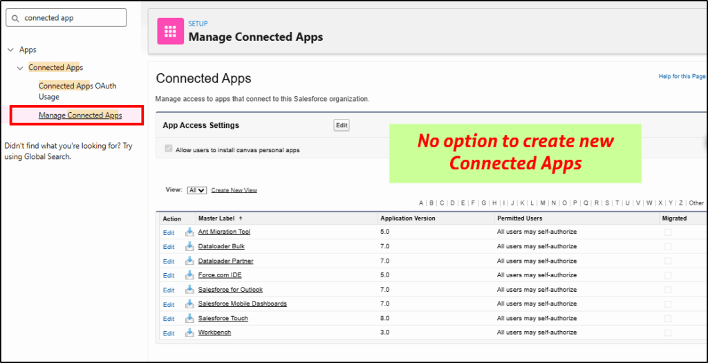 Manage Connected Apps page: no option to create new Connected Apps