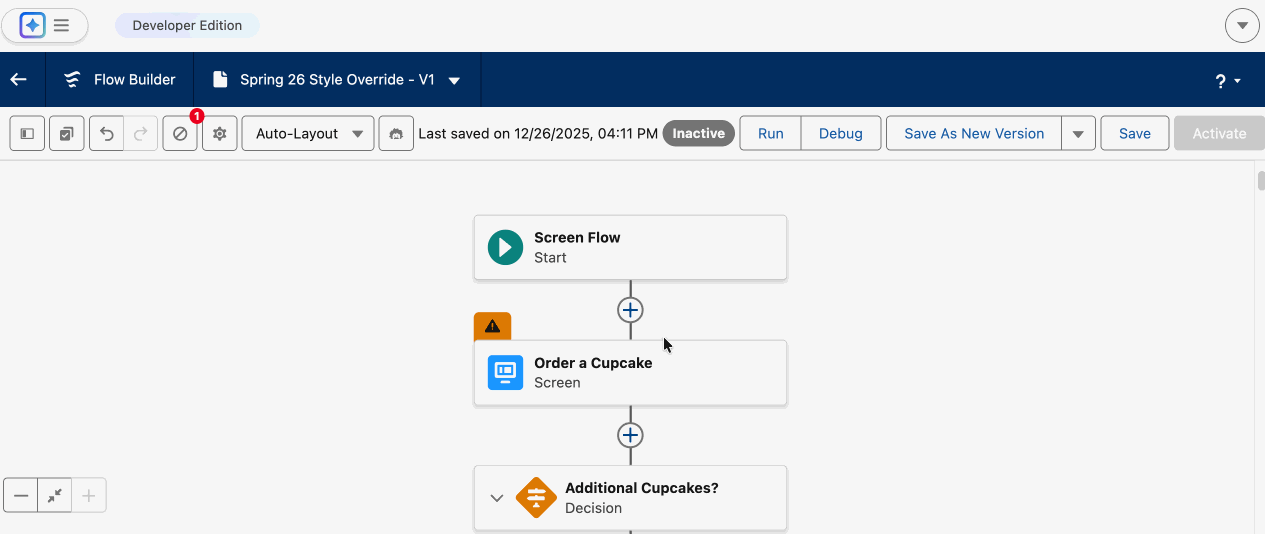 Screen Flow style override demo: right-side Style panel configures background, border, and button styles while left canvas shows live preview