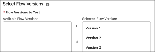 Select Flow Versions interface: Available Flow Versions and Selected Flow Versions lists, allowing Version 1, 2, 3 to be individually bound to tests