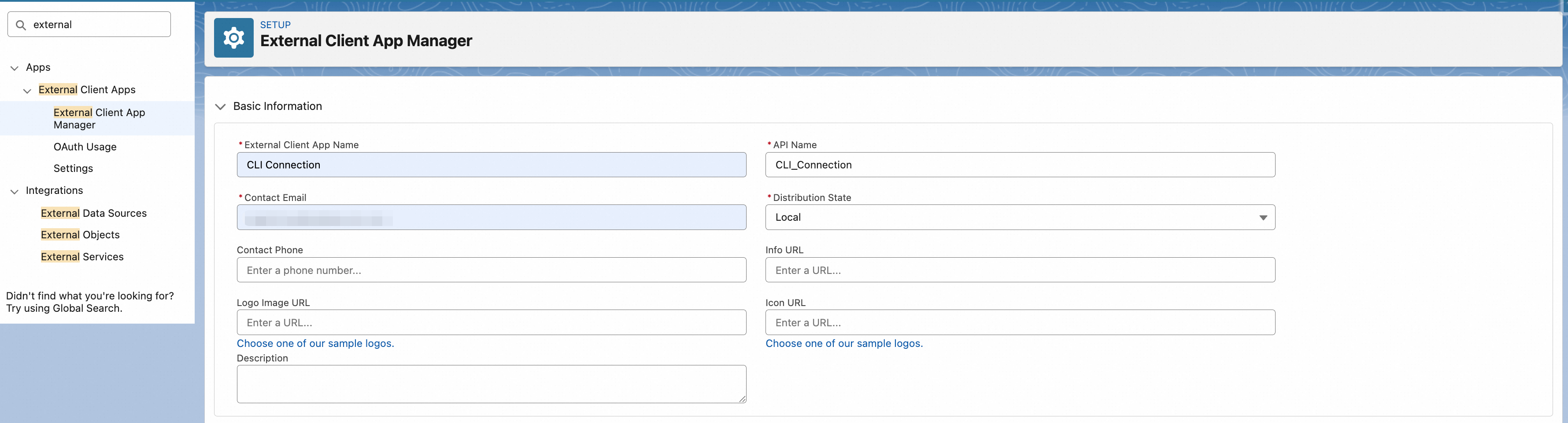 External Client App Manager creation form in SFoA Setup, with CLI Connection as the app name