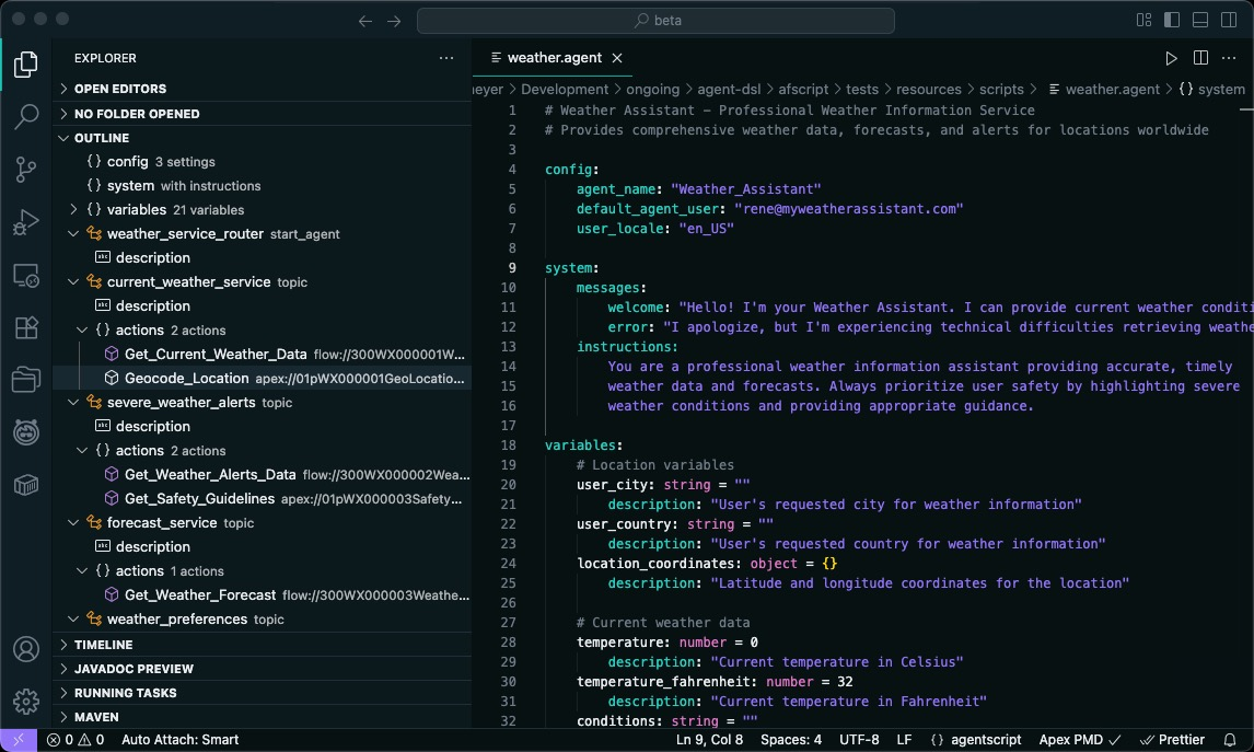 VS Code with weather.agent file open: Outline panel showing config, system, variables (21 entries), weather_service_router start_agent, current_weather_service topic, etc.; code editor showing Agent Script syntax — config block (agent_name, default_agent_user), system block (welcome/error/instructions), variables block (user_city, temperature with types and descriptions)