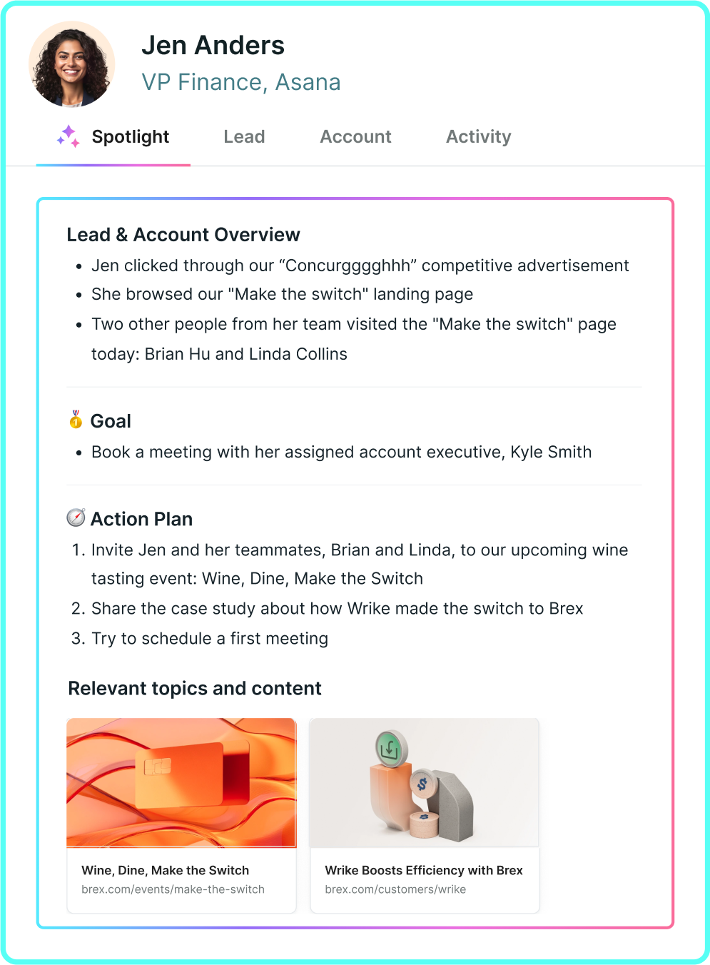 Piper Spotlight view showing lead summary, goals, and action plan