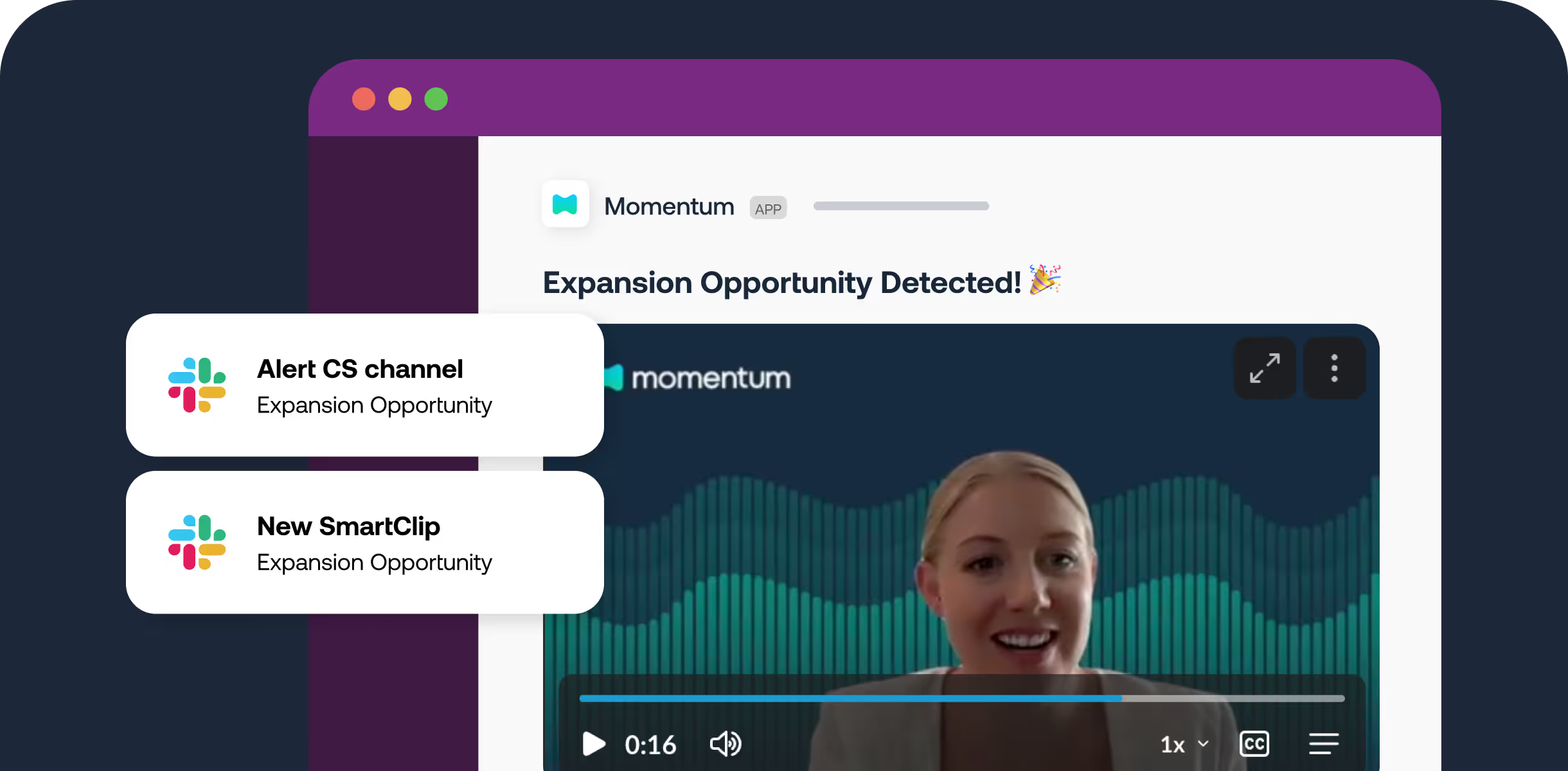 Momentum SmartClips interface: Slack notification showing Expansion Opportunity Detected with linked meeting recording clip, and two automated actions—Alert CS channel and New SmartClip—on the left