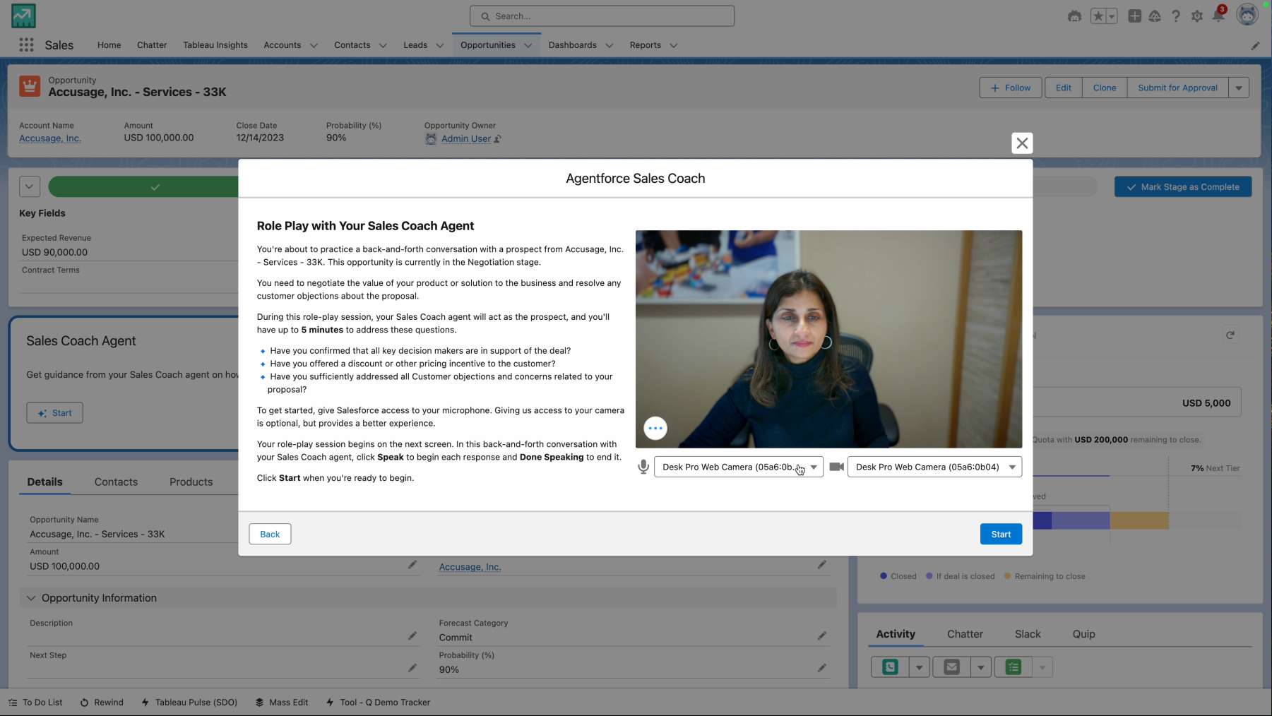 Sales Coach role-play dialog on an Opportunity record page, showing a simulated customer conversation for a $33K deal