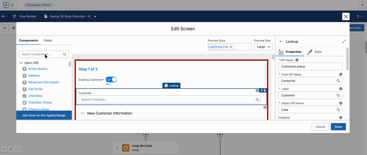 Message component demo: dragging a Message component into a Screen Flow, selecting Info/Warning/Success/Error type, configuring content and visibility rules