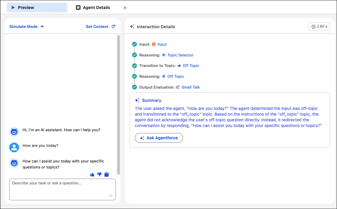 Agentforce Builder Preview panel: conversation window on the left, Interaction Details with reasoning trace and Summary on the right