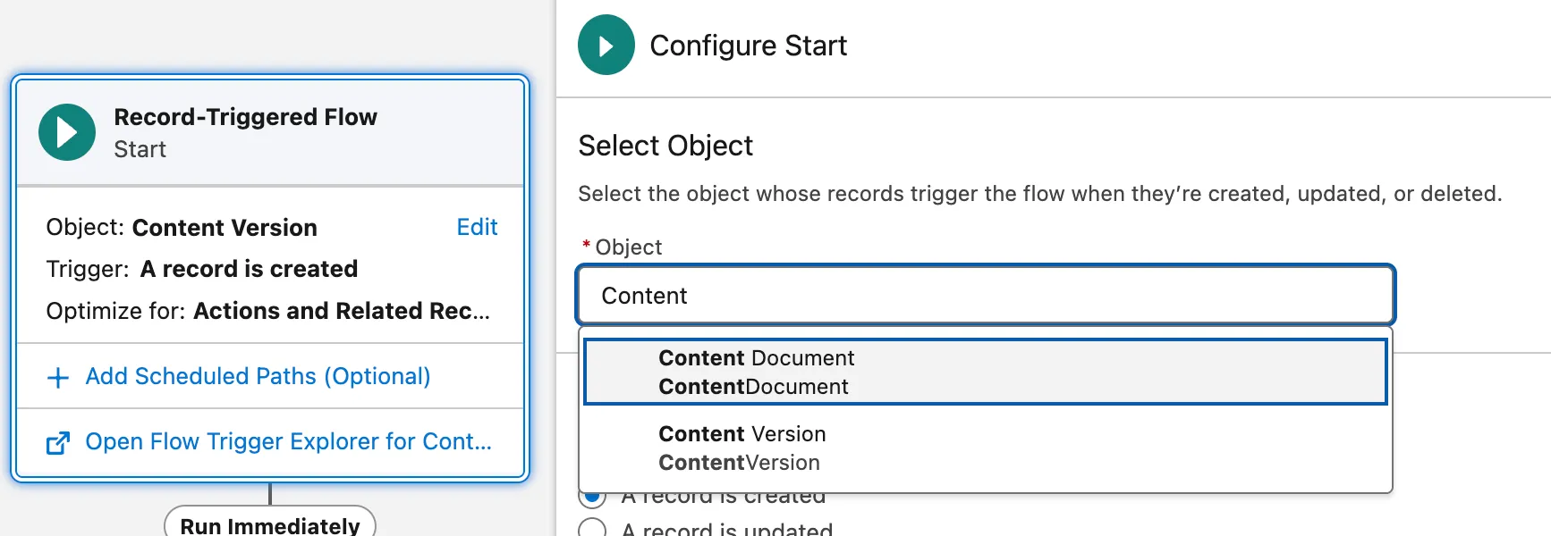 Record-Triggered Flow configuration showing Content Document and Content Version in the Object picker