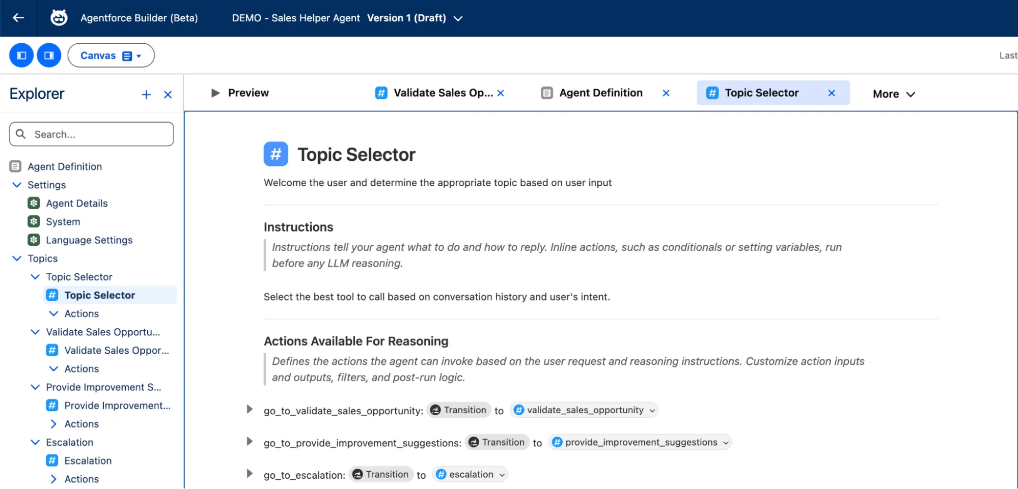 Canvas View: Topic Selector displayed as visual blocks — Instructions area shows natural language text, Actions Available For Reasoning shows collapsible Transition blocks (go_to_validate_sales_opportunity → Transition to validate_sales_opportunity, etc.)