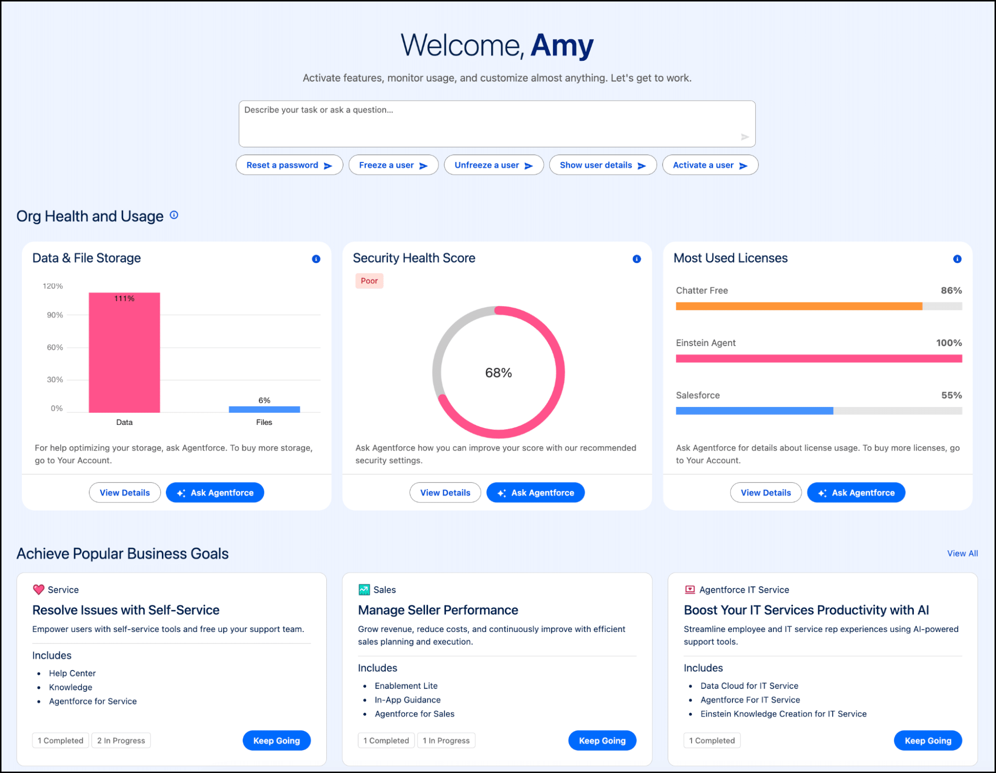 Redesigned Setup Home: natural language input bar and quick-action buttons at top, Org Health and Usage section below