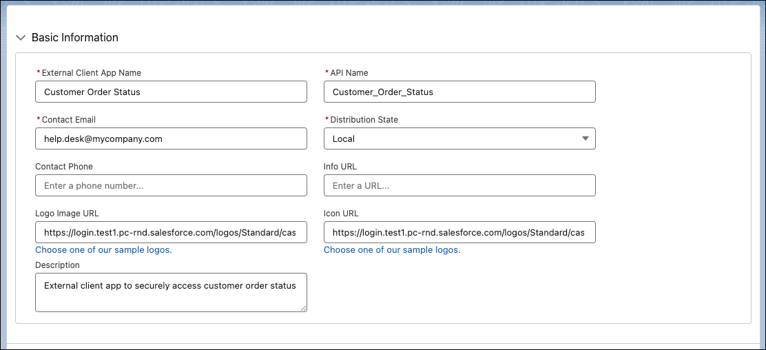 External Client App Manager creation page: Basic Information section with fields for app name, API Name, Contact Email, and Distribution State