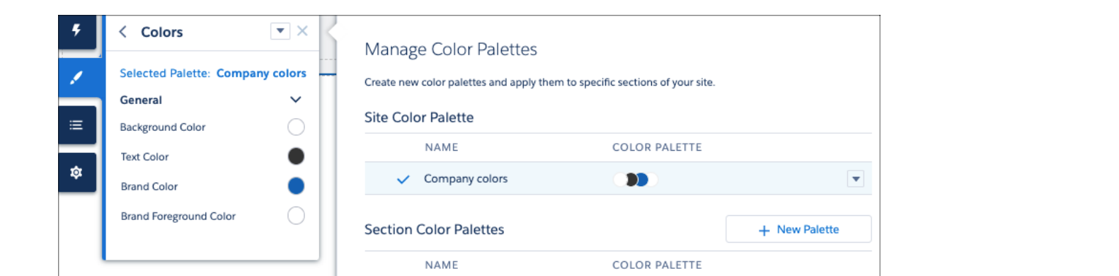 Experience Builder Colors panel with Background, Text, and Brand color settings alongside palette management