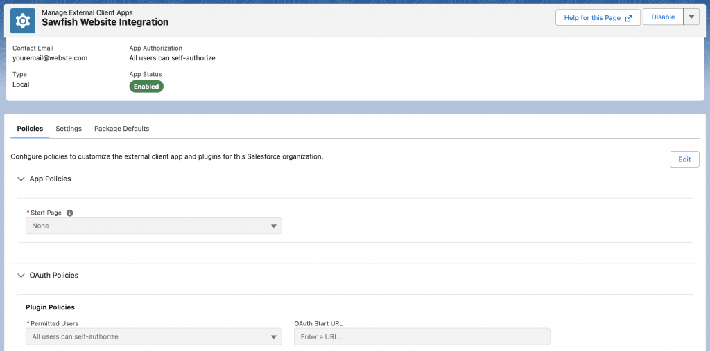 ECA Policies tab: App Policies section with Start Page setting, OAuth Policies section with Permitted Users and OAuth Start URL configuration