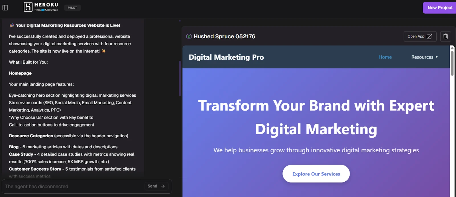 Heroku Vibes interface: left panel shows AI chat with generated app details, right panel shows live preview of deployed Digital Marketing Pro website