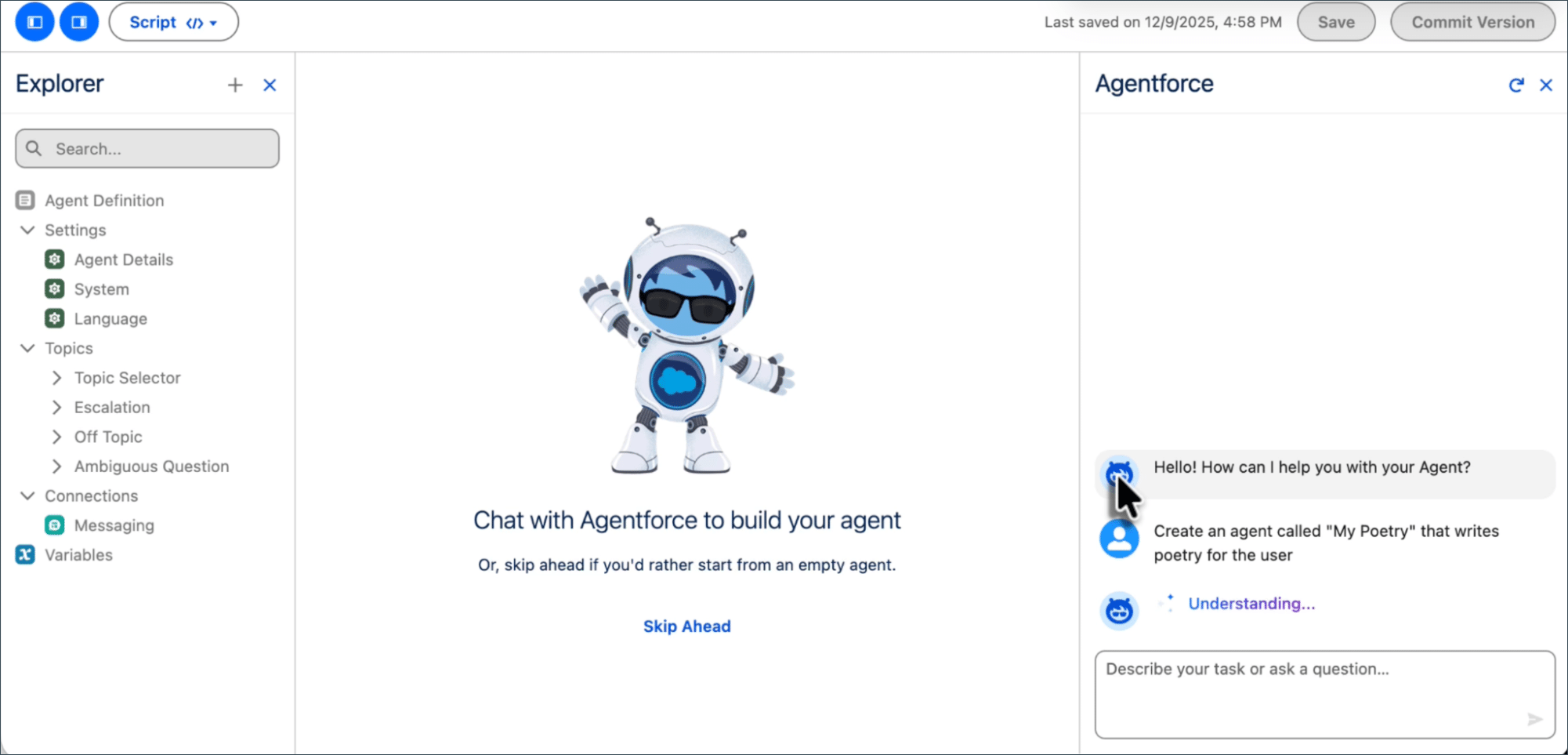 New Agentforce Builder interface: Explorer panel on the left, canvas in the center, Agentforce Assistant chat panel on the right