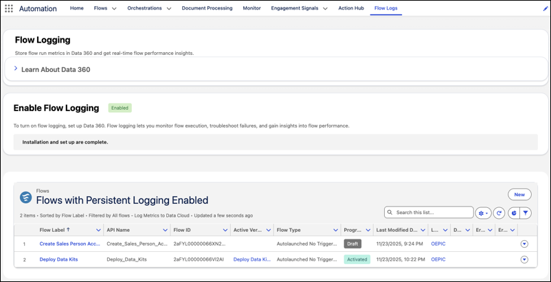 Flow Logs tab in the Automation App showing Flow Logging enabled with two Flows configured for persistent logging