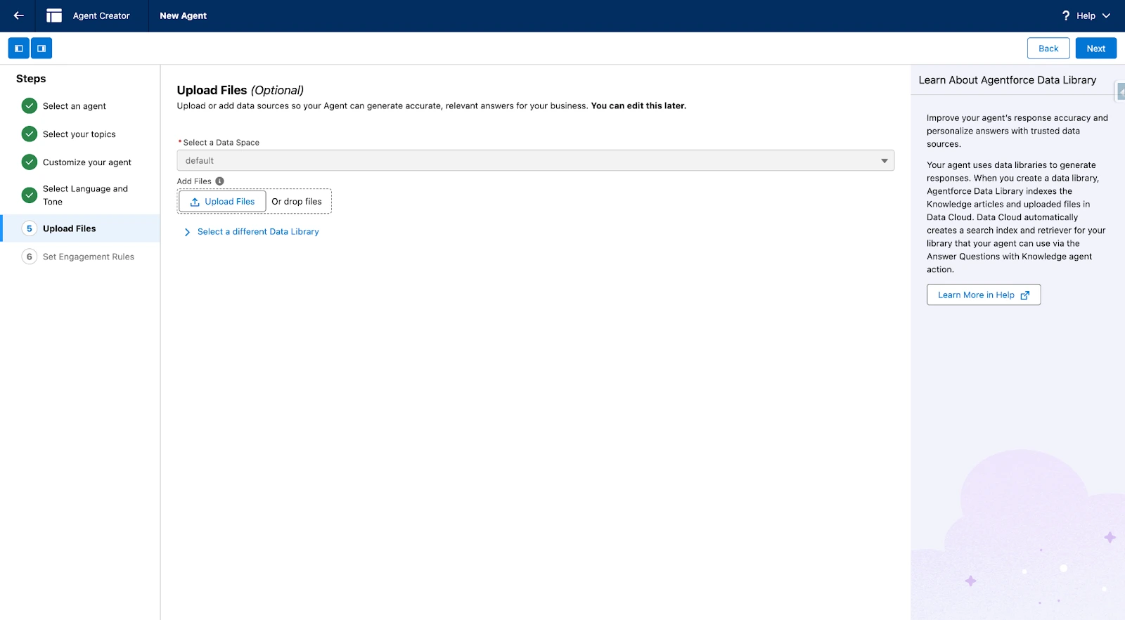 Agentforce Data Library file upload interface: upload product documentation to Data Cloud for RAG-powered accurate customer responses