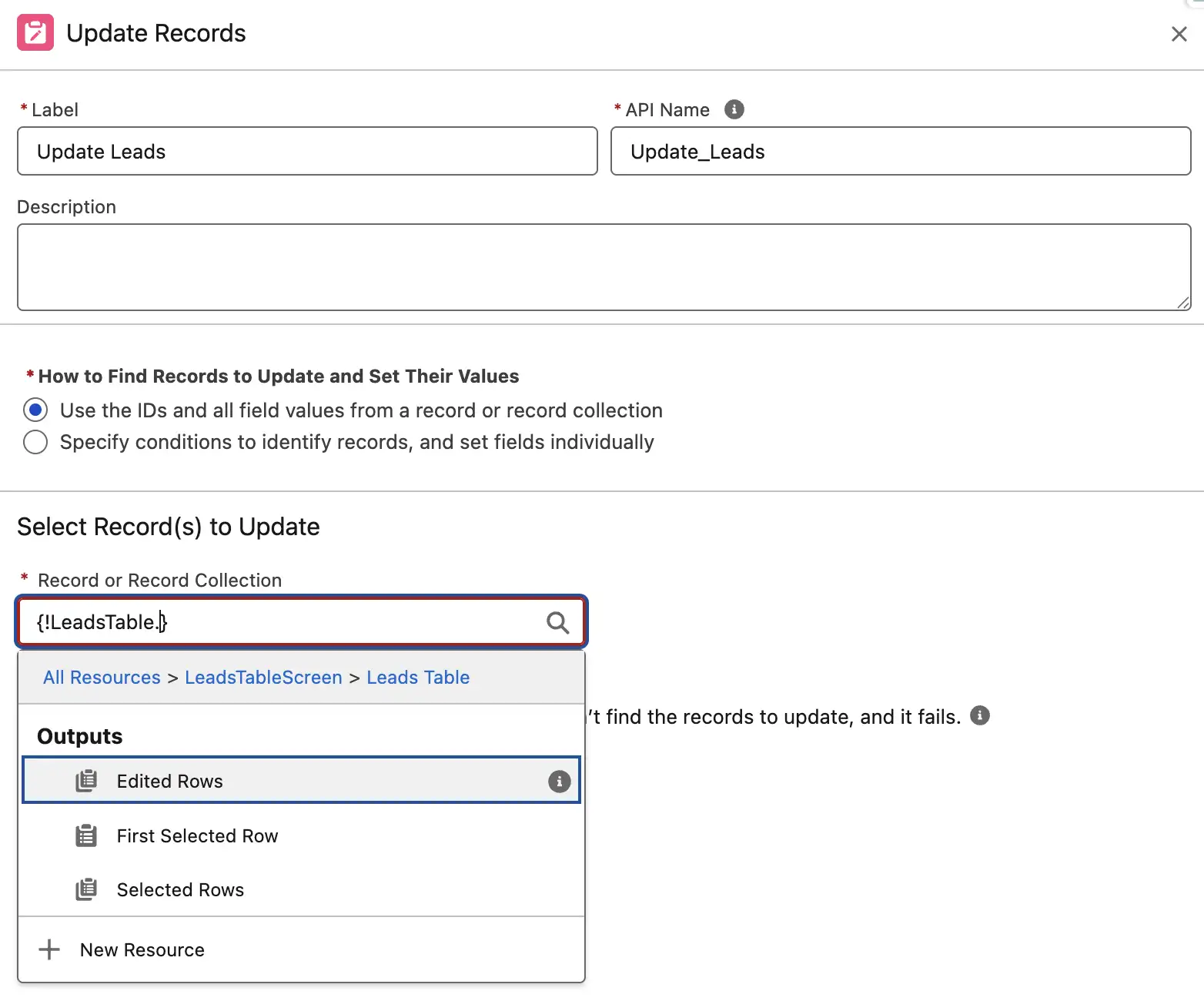 Update Records element referencing Data Table output with Edited Rows collection highlighted—contains only modified rows