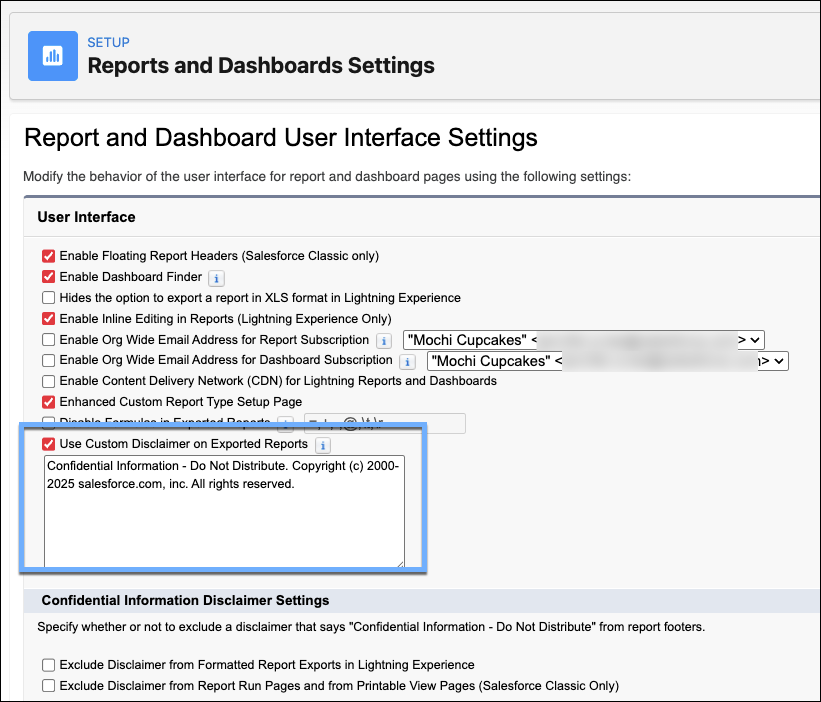 Reports and Dashboards Settings: Custom Disclaimer configuration showing text input field and preview