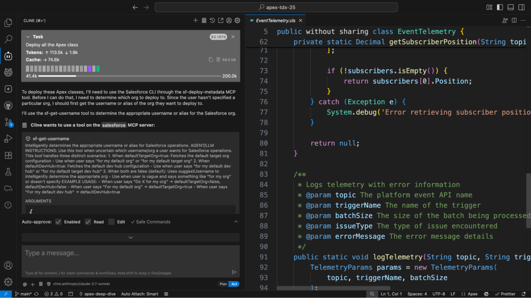 VS Code with Salesforce DX MCP Server: deploying Apex classes via natural language, with the AI conversation panel showing available CLI Tools