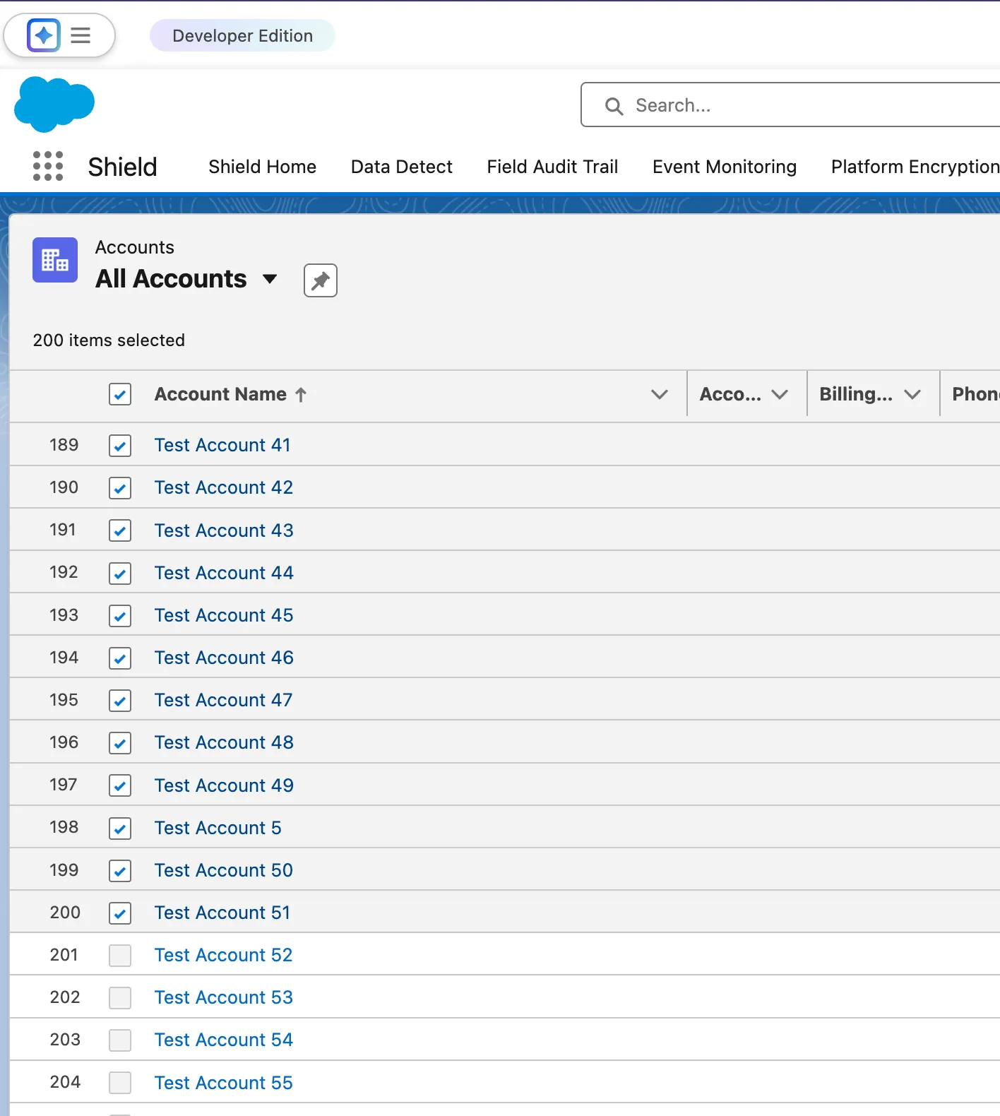 List View showing 200 items selected with edit button disabled