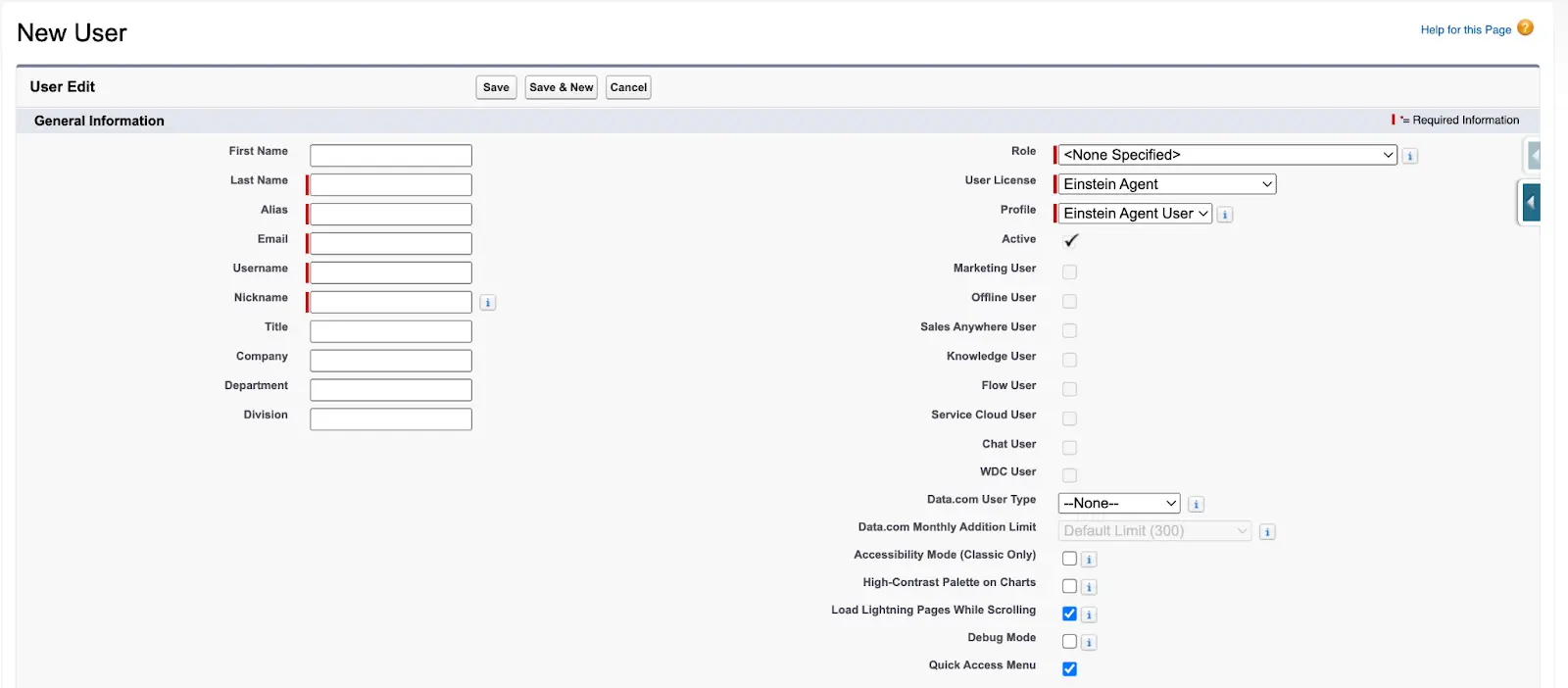 New User creation form with User License set to Einstein Agent and Profile set to Einstein Agent User for the SDR Agent