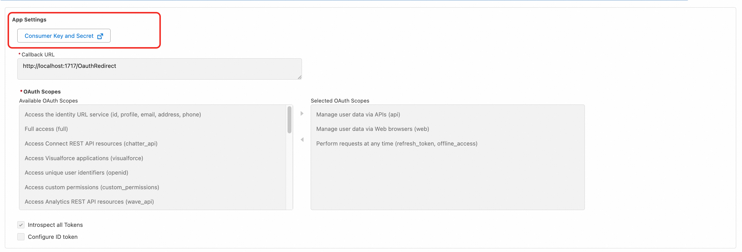 App Settings page: red box highlights the Consumer Key and Secret link location