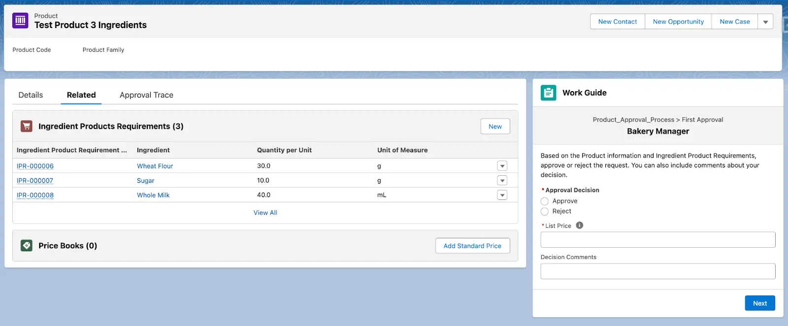 Work Guide component: on the Product record page showing the approval decision panel—Product_Approval_Process > First Approval > Bakery Manager, with Approve/Reject options and Decision Comments field