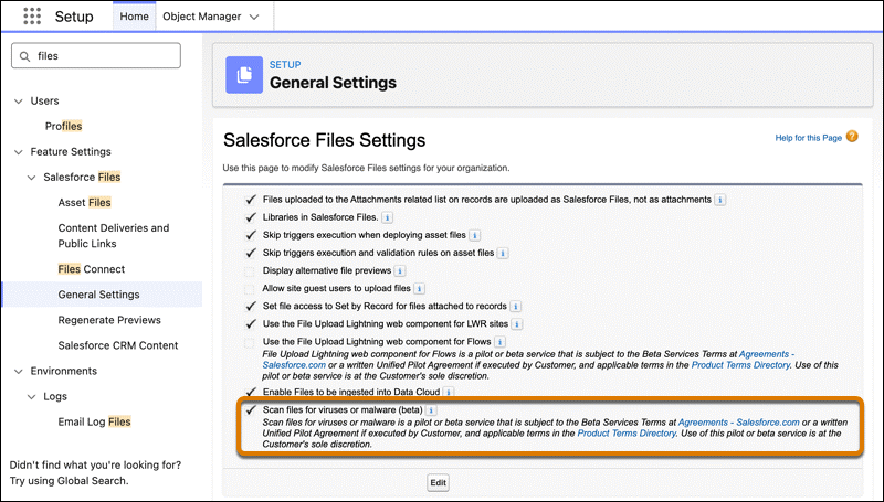 Salesforce Files Settings page: new Scan files for viruses or malware (beta) option at the bottom