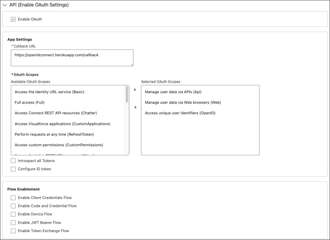 ECA OAuth settings page: Callback URL field, dual-pane OAuth Scopes selector, and Flow Enablement section listing 5 OAuth flow checkboxes