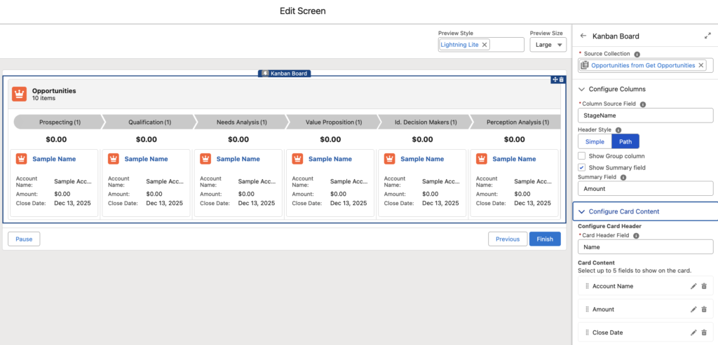 Edit Screen view showing Kanban Board configuration: left side previews Opportunity board with Prospecting, Qualification, and other stage columns; right panel shows Source Collection, Configure Columns, and Configure Card Content settings