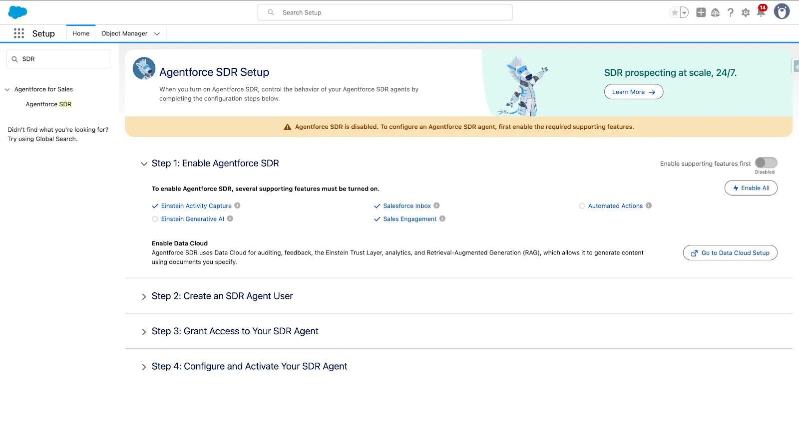 Agentforce SDR Setup page: Step 1 expanded showing five prerequisite features with Enable All button