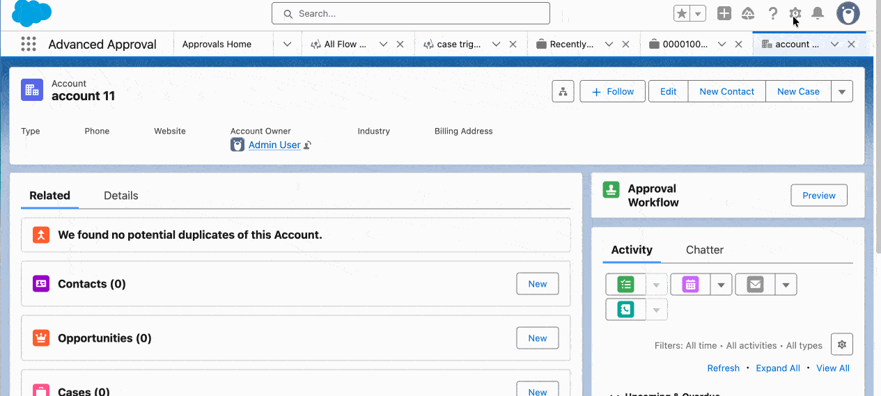 Request Approval component demo: approval panel embedded on an Opportunity record page, user selects approver and submits directly