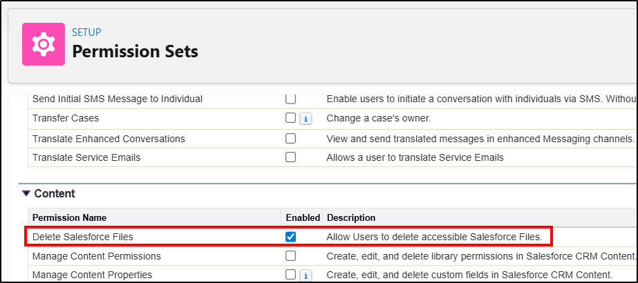 Permission Sets Content area: Delete Salesforce Files permission checked