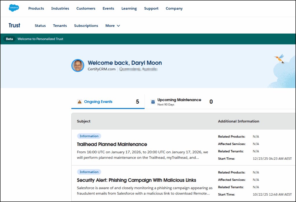 My Trust Center Beta interface: showing Ongoing Events and Upcoming Maintenance, event list includes maintenance schedules and security alerts