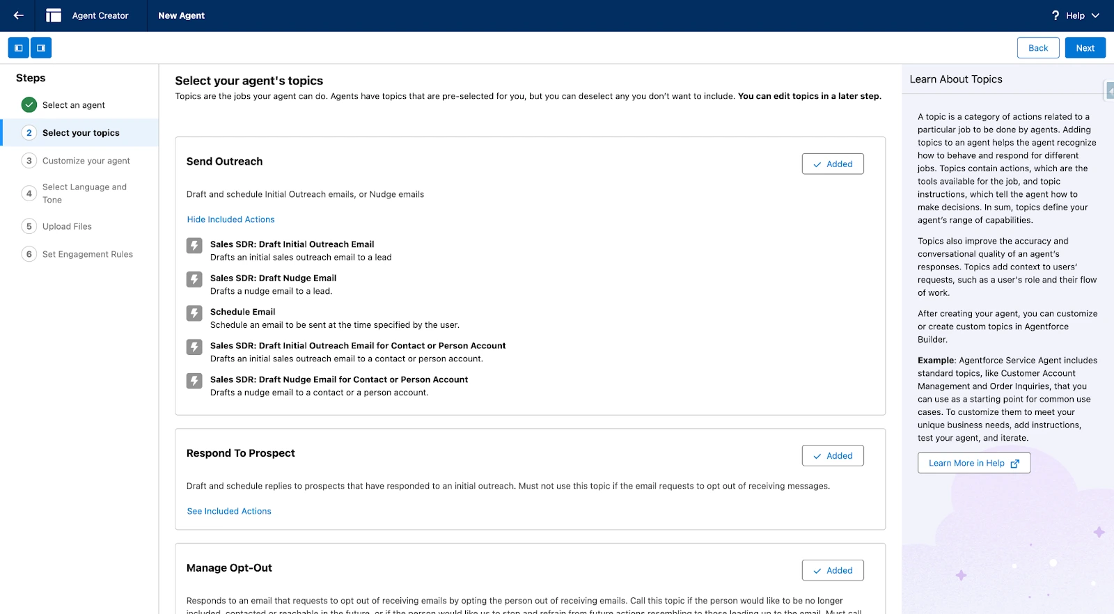 Agent Topics selection: Send Outreach Topic with Actions (Draft Initial Outreach Email, Send Nudge Email, etc.) and Respond To Prospect Topic