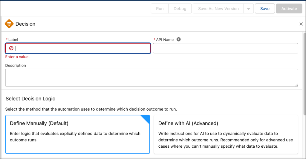 Decision element logic labels: Define Manually (Default) and Define with AI (Advanced) tabs, Default for deterministic logic on structured data, Advanced for AI evaluation of unstructured data