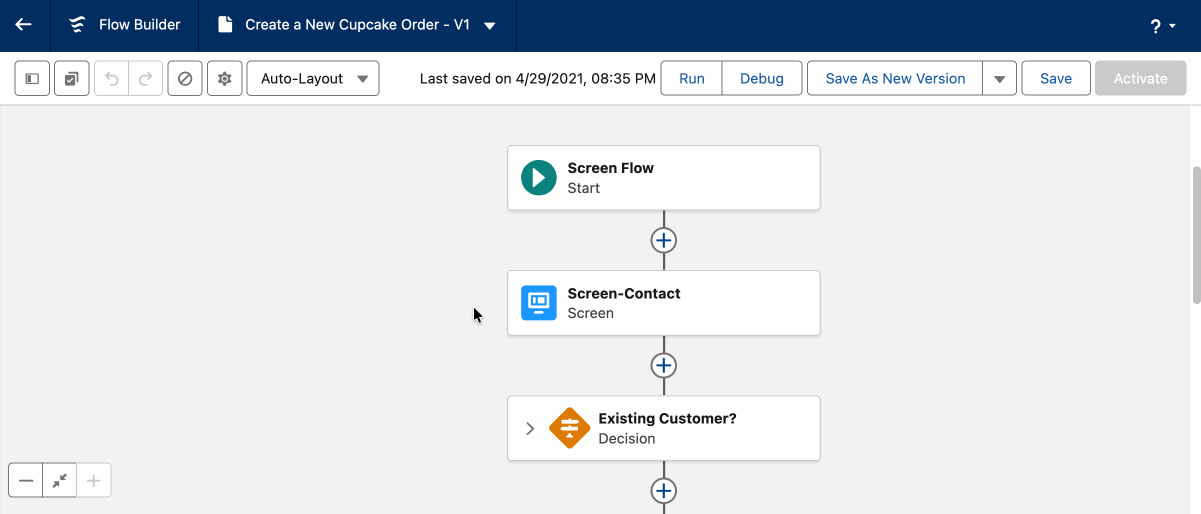 Flow Builder branch collapse demo: clicking collapse button shrinks complex Decision branches to single lines, dramatically freeing canvas space