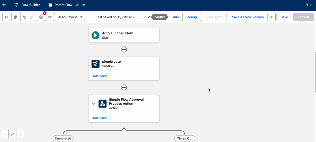 Parent Flow Dependencies: showing the Subflow (simple auto) and Approval Action (Simple Flow Approval Process Action 1) called by the Parent Flow