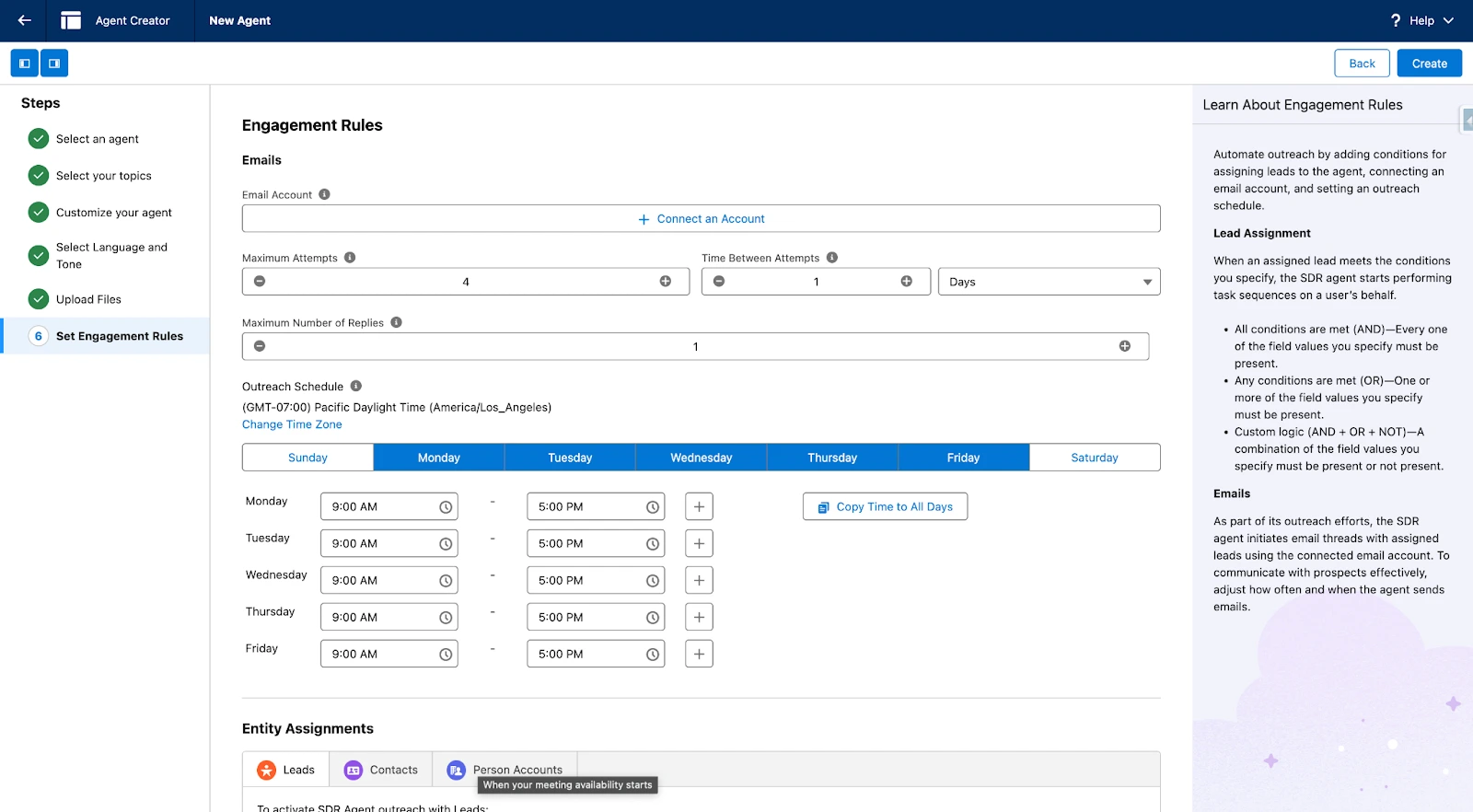Engagement Rules configuration in Agentforce Builder: email channel, contact schedule (weekdays 8:00-17:00), and Entity Assignment rules