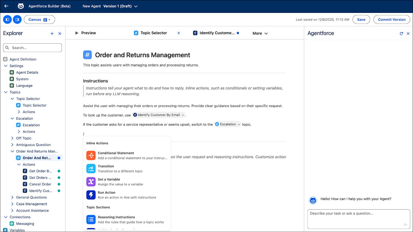 Canvas View editing Order and Returns Management topic: slash menu showing Inline Actions (Conditional Statement, Transition, Set a Variable, Run Action)