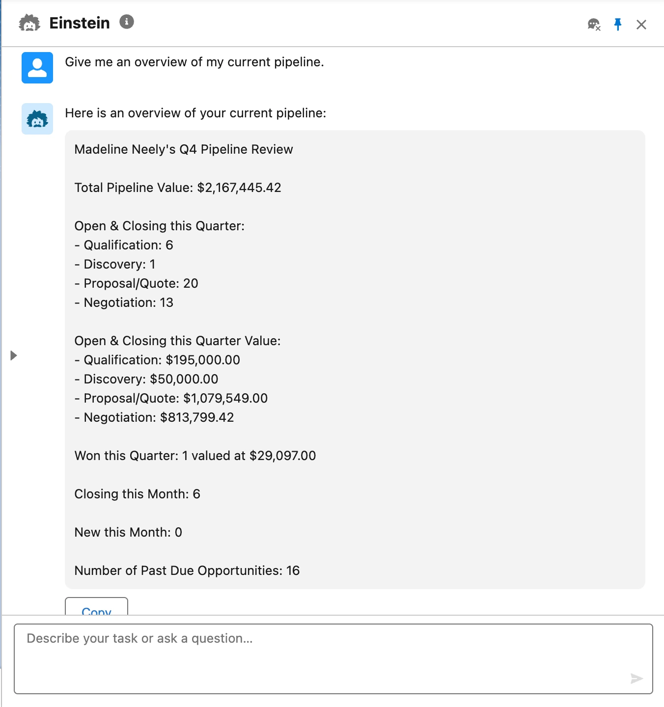 Einstein chat interface showing a Pipeline Review with $2,167,445 total pipeline value, stage-by-stage breakdown, and closing forecasts